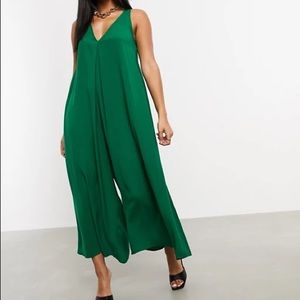 ASOS DESIGN v neck minimal smock jumpsuit emerald